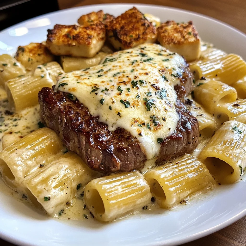 Garlic Cream Steak with Rigatoni in Provolone Cream Sauce