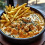 Creamy Butter Chicken with Garlic Drizzle, Golden Fries & Warm Naan