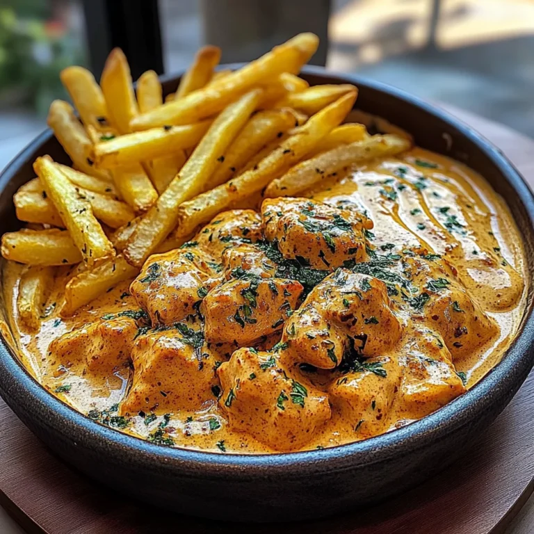Creamy Butter Chicken with Garlic Drizzle, Golden Fries & Warm Naan