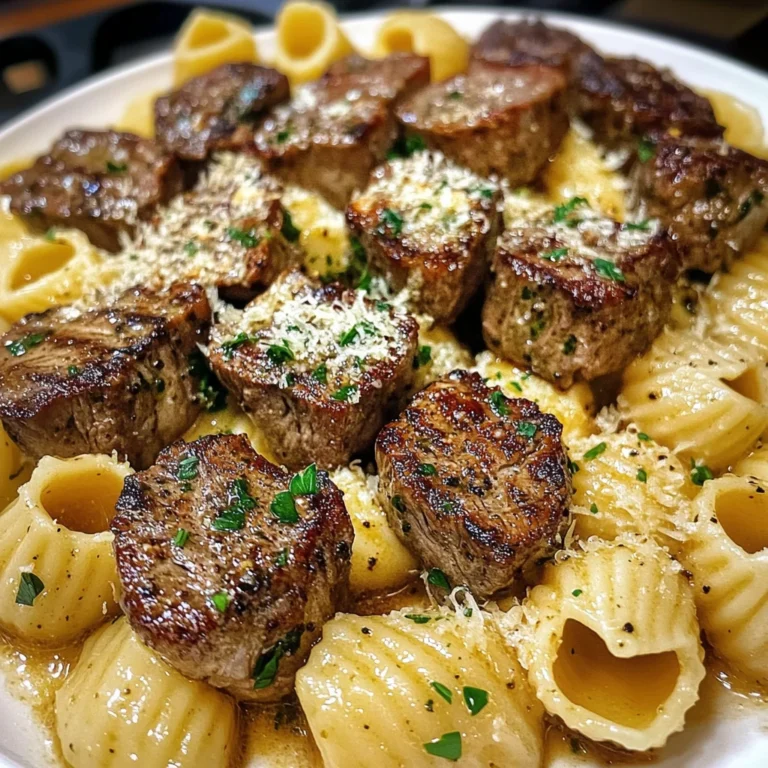 Creamy Garlic Parmesan Steak Bites with Shell Pasta