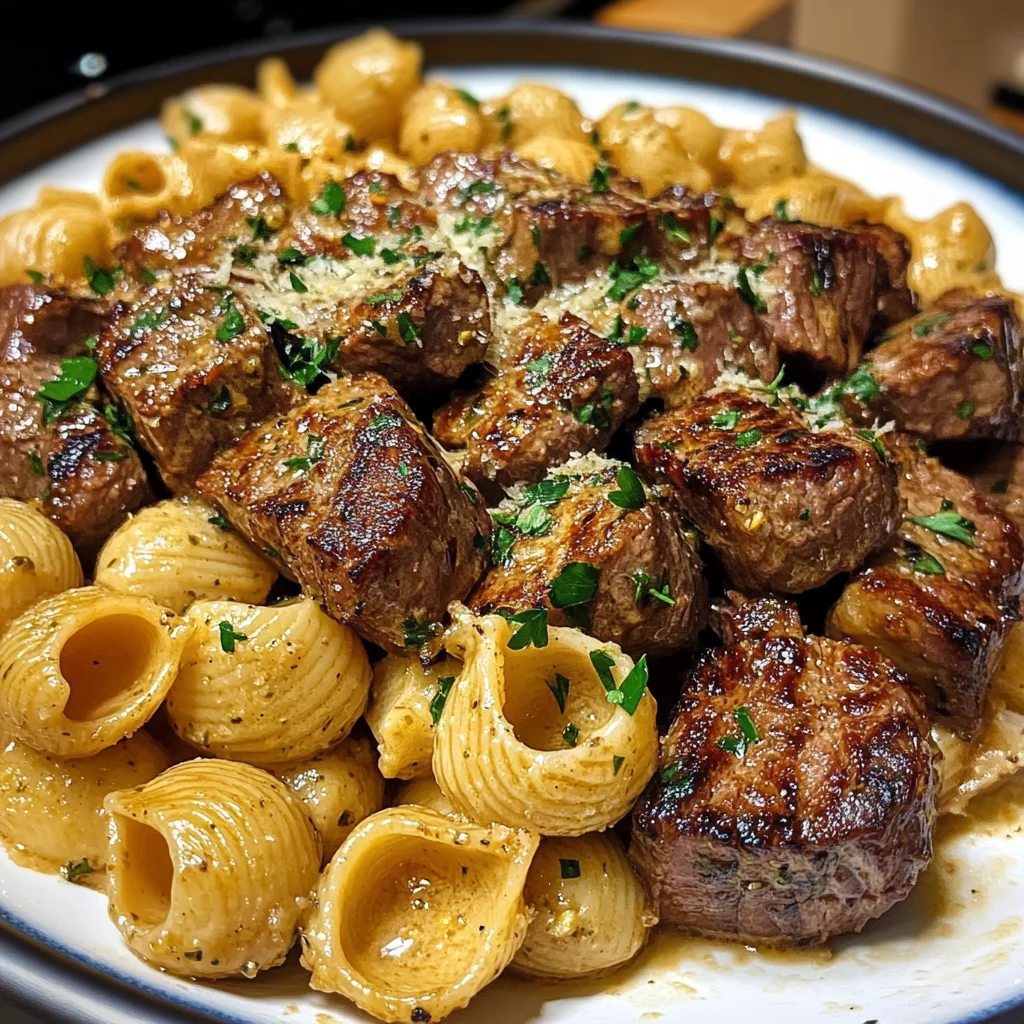Creamy Garlic Parmesan Steak Bites with Shell Pasta