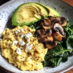 Creamy Scrambled Eggs with Sautéed Mushrooms, Spinach & Avocado