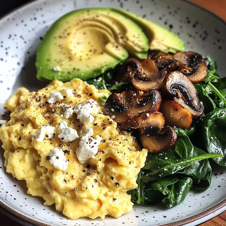 Creamy Scrambled Eggs with Sautéed Mushrooms, Spinach & Avocado