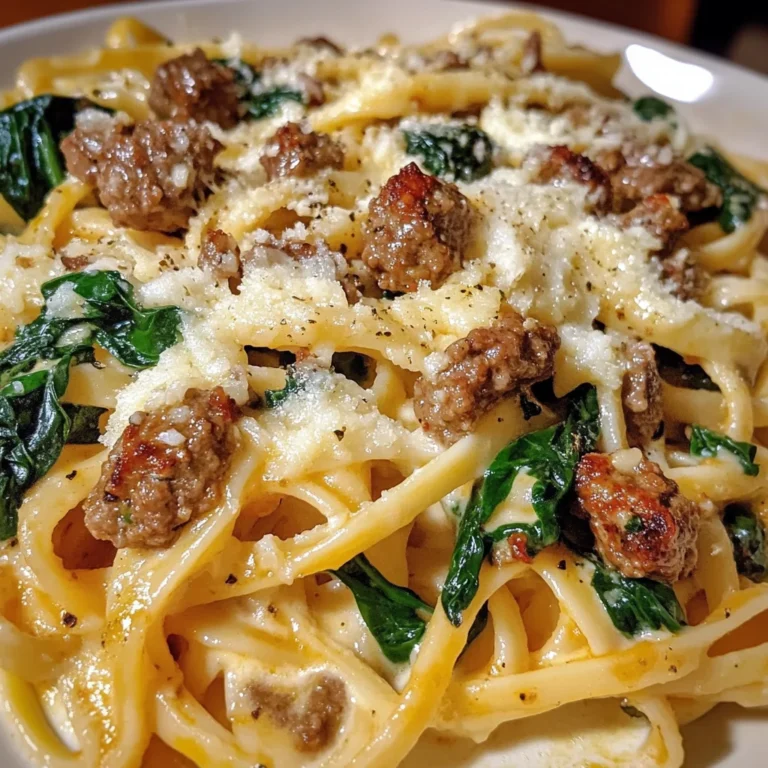 Garlic Butter Cheesy Linguine with Beef, Sausage and Spinach