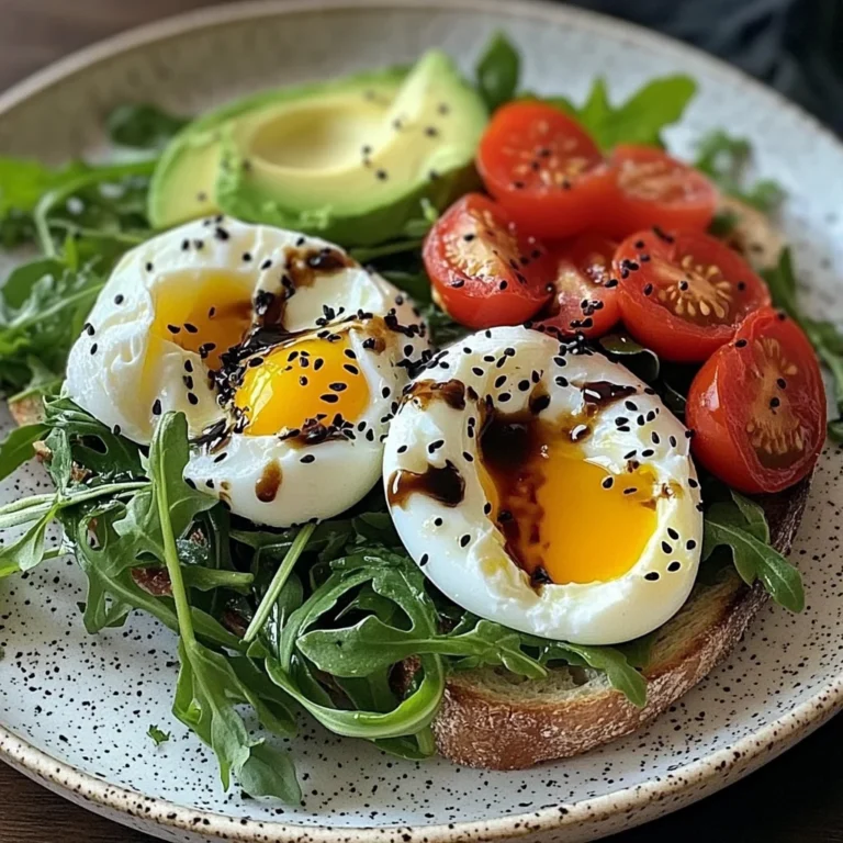 Poached Egg & Arugula Salad with Avocado, Tomato & Cream Cheese Toast