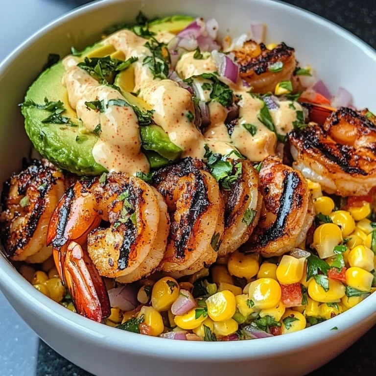 Grilled Shrimp Bowl with Avocado, Corn Salsa & Creamy Garlic Sauce