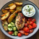 Herb Chicken with Roasted Potatoes, Tomato Salad & Yogurt Dip