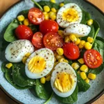 Spinach Salad with Soft-Boiled Eggs, Cherry Tomatoes, Corn & Creamy Dressing
