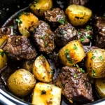 crockpot garlic butter beef bites with potatoes