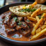 Garlic Butter Beef with Fries and Naan