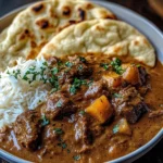 Slow-Cooked Beef Curry with Creamy Coconut Sauce & Garlic Naan