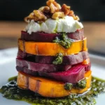 Sweet Potato & Beet Stacks with Pesto, Burrata & Walnuts Recipe