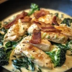 Creamy Garlic Butter Chicken Alfredo with Crispy Bacon, Spinach & Broccoli