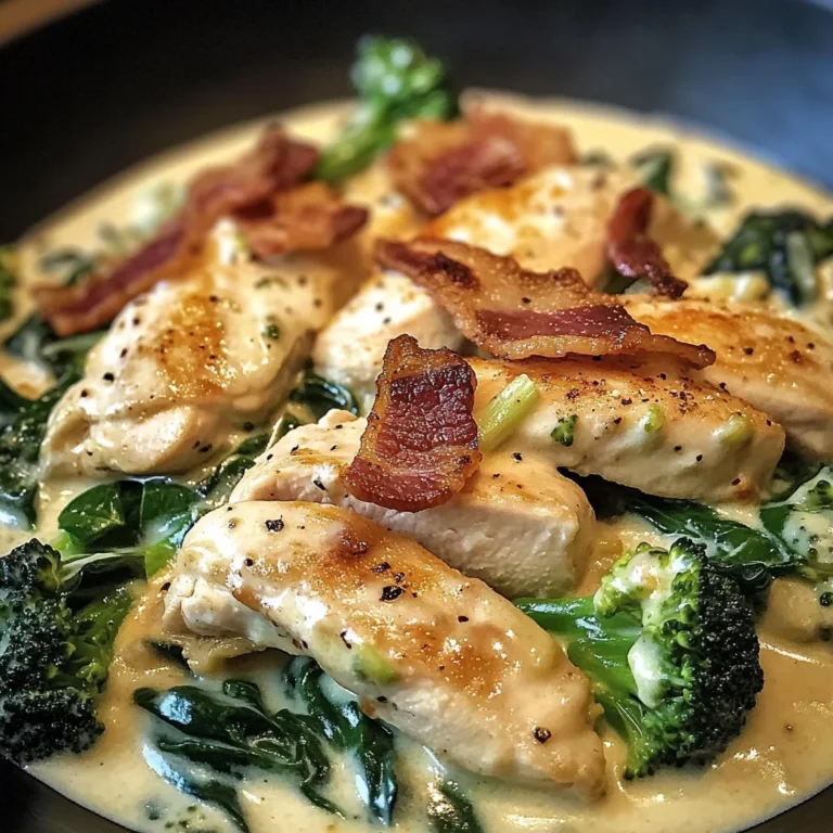 Creamy Garlic Butter Chicken Alfredo with Crispy Bacon, Spinach & Broccoli